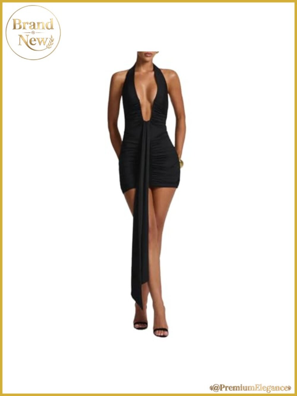 Women Halter Mini Dress Deep V Neck Ruched Backless Bodycon Party Club Night